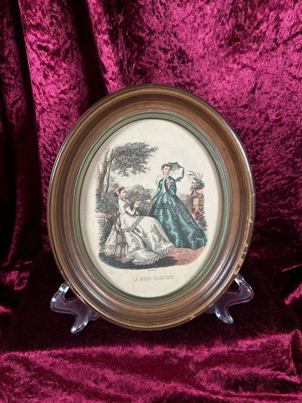 Vintage Oval Wood Framed Print - La Mode Illustrée Victorian Fashion Portrait